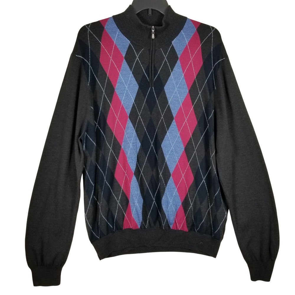 Brooks Brothers Saxxon Wool‎ Argyle Quarter Zip Sweater Mens XXL Charcoal Blue
